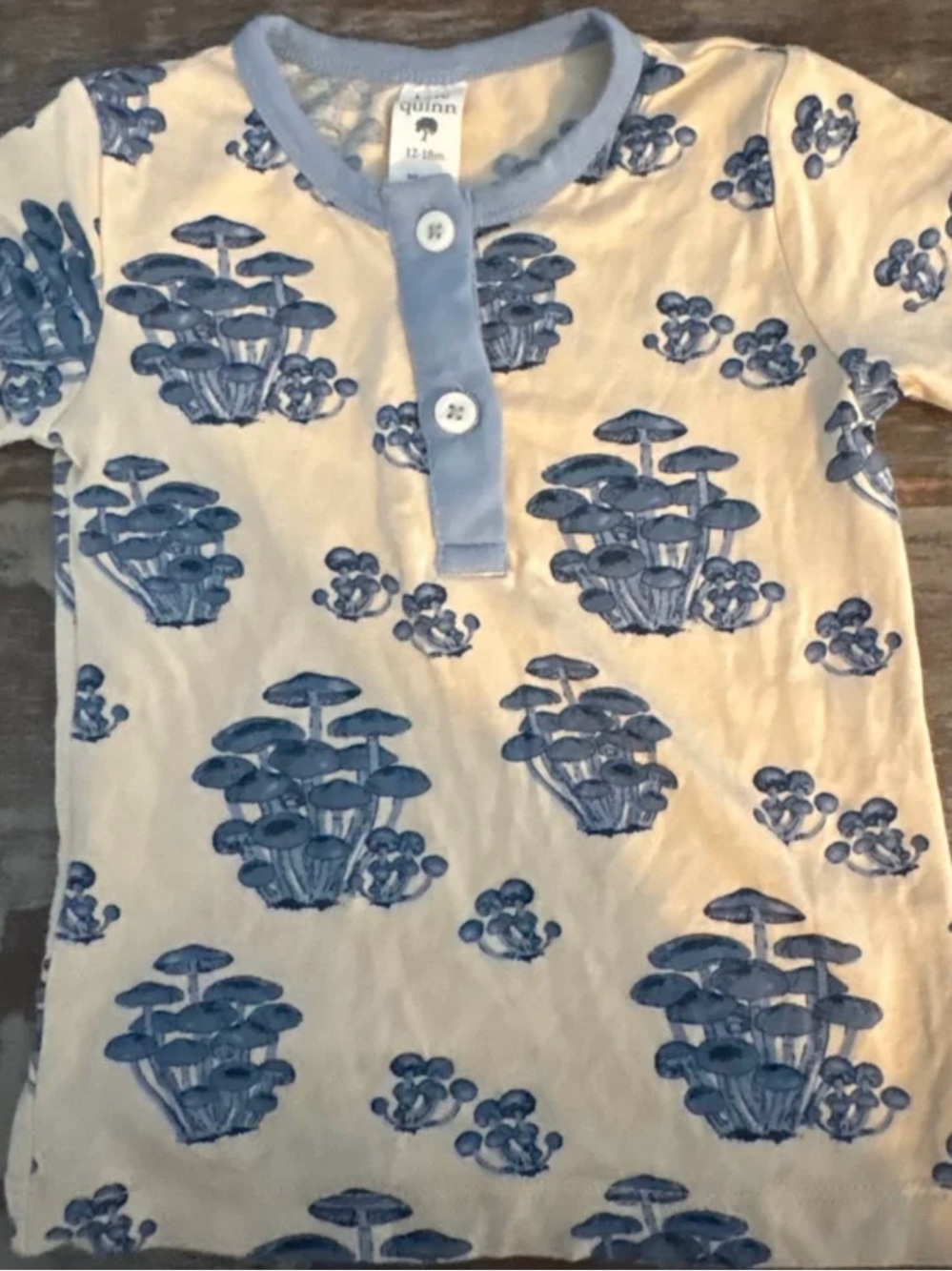 Kate Quinn Blue MUSHROOM bunch Henley button up short sleeve boho tee shirt top